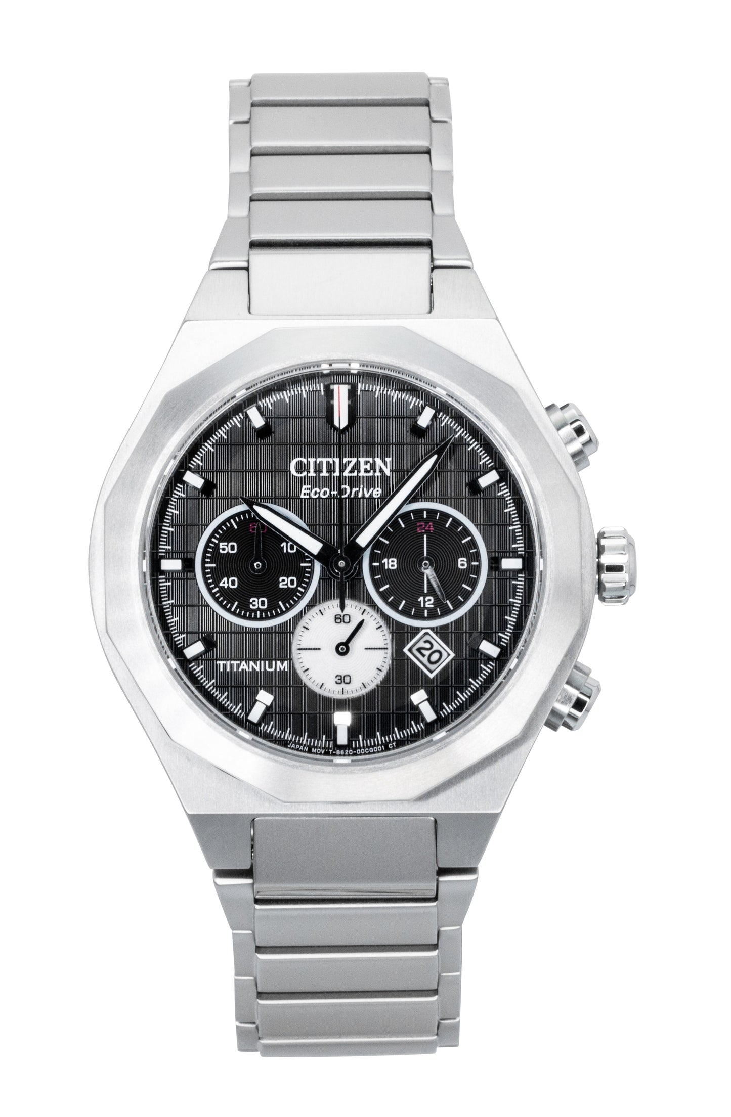 Citizen Zenshin Senkei Chronograph Super Titanium Black. A brand-new Citizen Eco-Drive watch featuring a Black dial and a Titanium strap. Angled view.