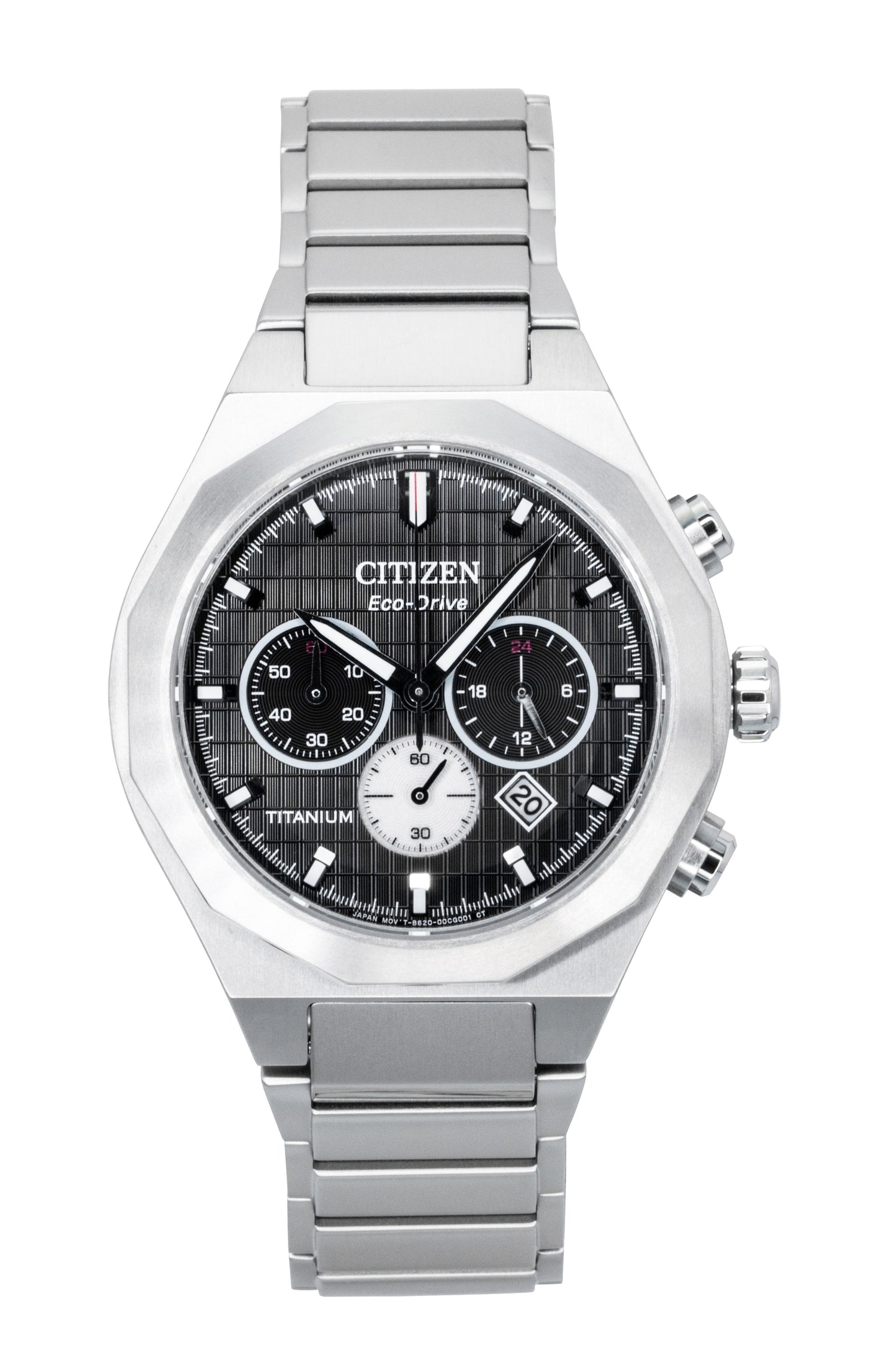 Citizen Zenshin Senkei Chronograph Super Titanium Black. A brand-new Citizen Eco-Drive watch featuring a Black dial and a Titanium strap. Angled view.