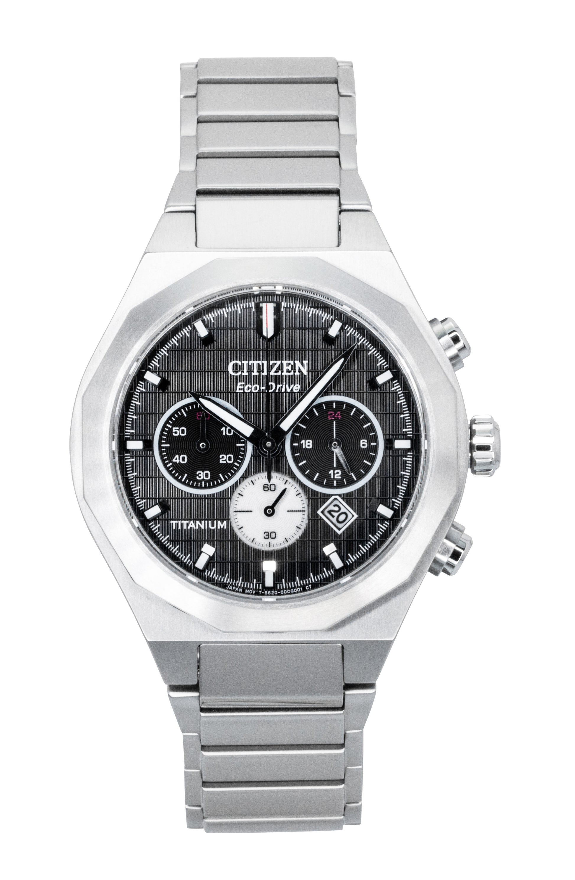 Citizen Zenshin Senkei Chronograph Super Titanium Black. A brand-new Citizen Eco-Drive watch featuring a Black dial and a Titanium strap. Angled view.