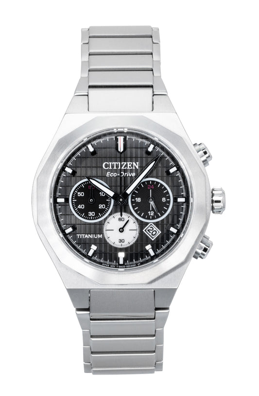 Citizen Zenshin Senkei Chronograph Super Titanium Black. A brand-new Citizen Eco-Drive watch featuring a Black dial and a Titanium strap. Angled view.
