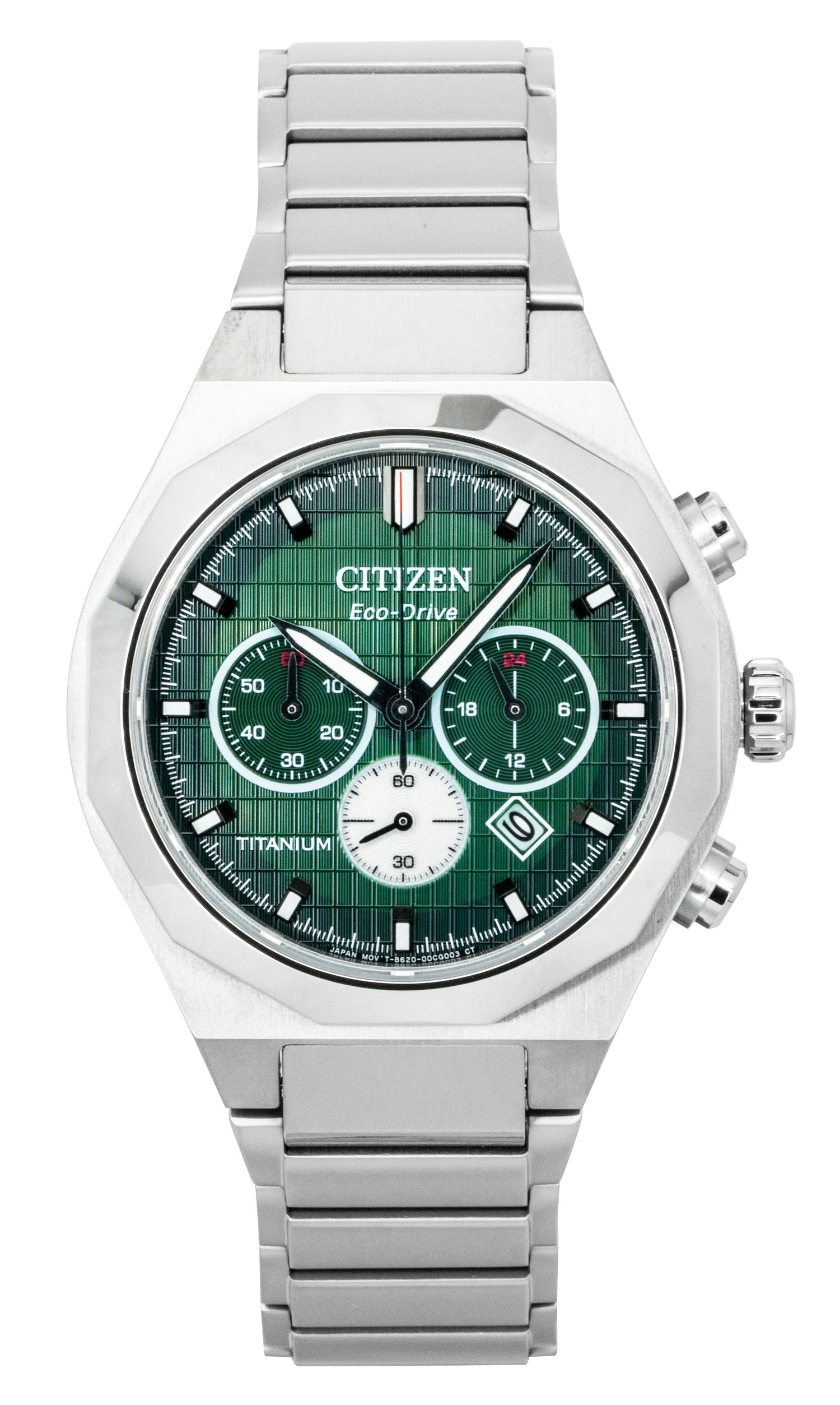 Citizen Zenshin Senkei Chronograph Super Titanium Green. A brand-new Citizen Eco-Drive watch featuring a Green dial and a Titanium strap. Angled view.