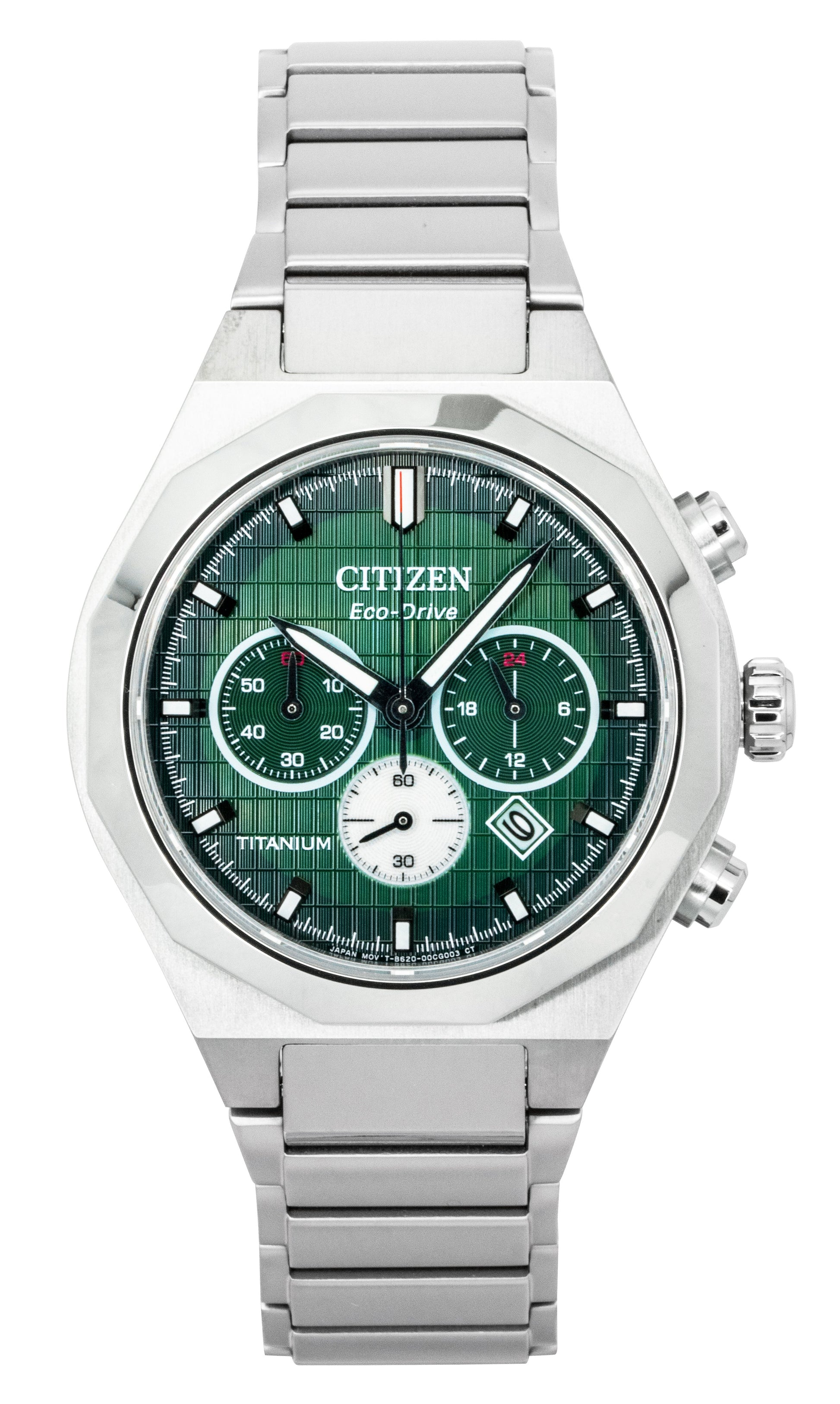 Citizen Zenshin Senkei Chronograph Super Titanium Green. A brand-new Citizen Eco-Drive watch featuring a Green dial and a Titanium strap. Angled view.
