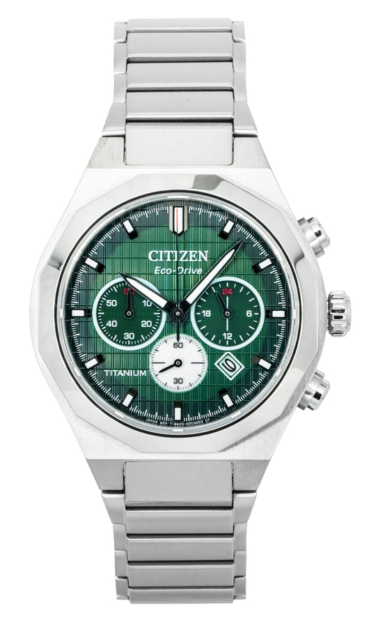 Citizen Zenshin Senkei Chronograph Super Titanium Green. A brand-new Citizen Eco-Drive watch featuring a Green dial and a Titanium strap. Angled view.