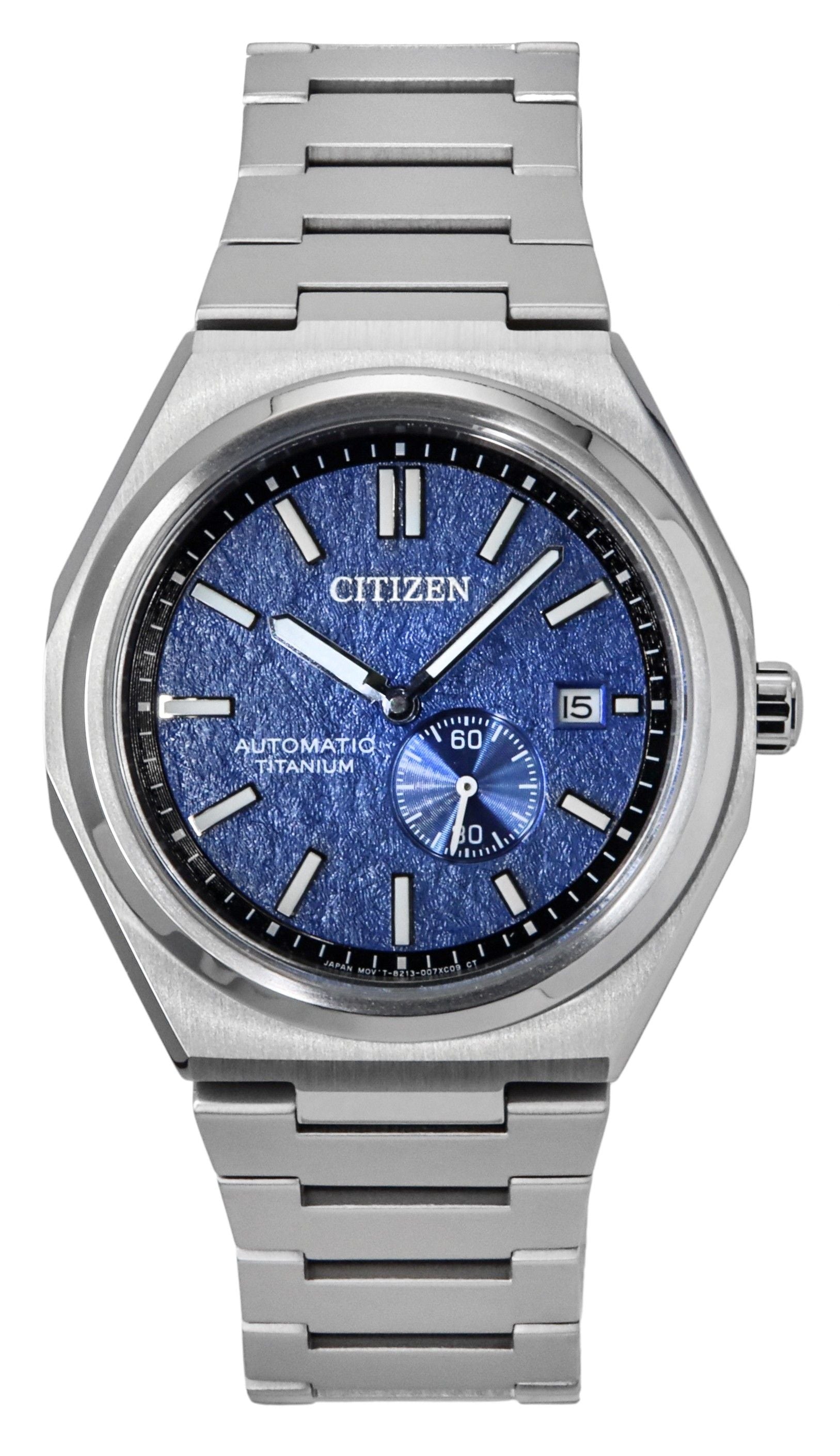 Citizen Zenshin Super Titanium Blue Dial Automatic 100M. A brand-new Citizen Zenshin watch featuring a Blue dial and a Titanium strap. Angled view.