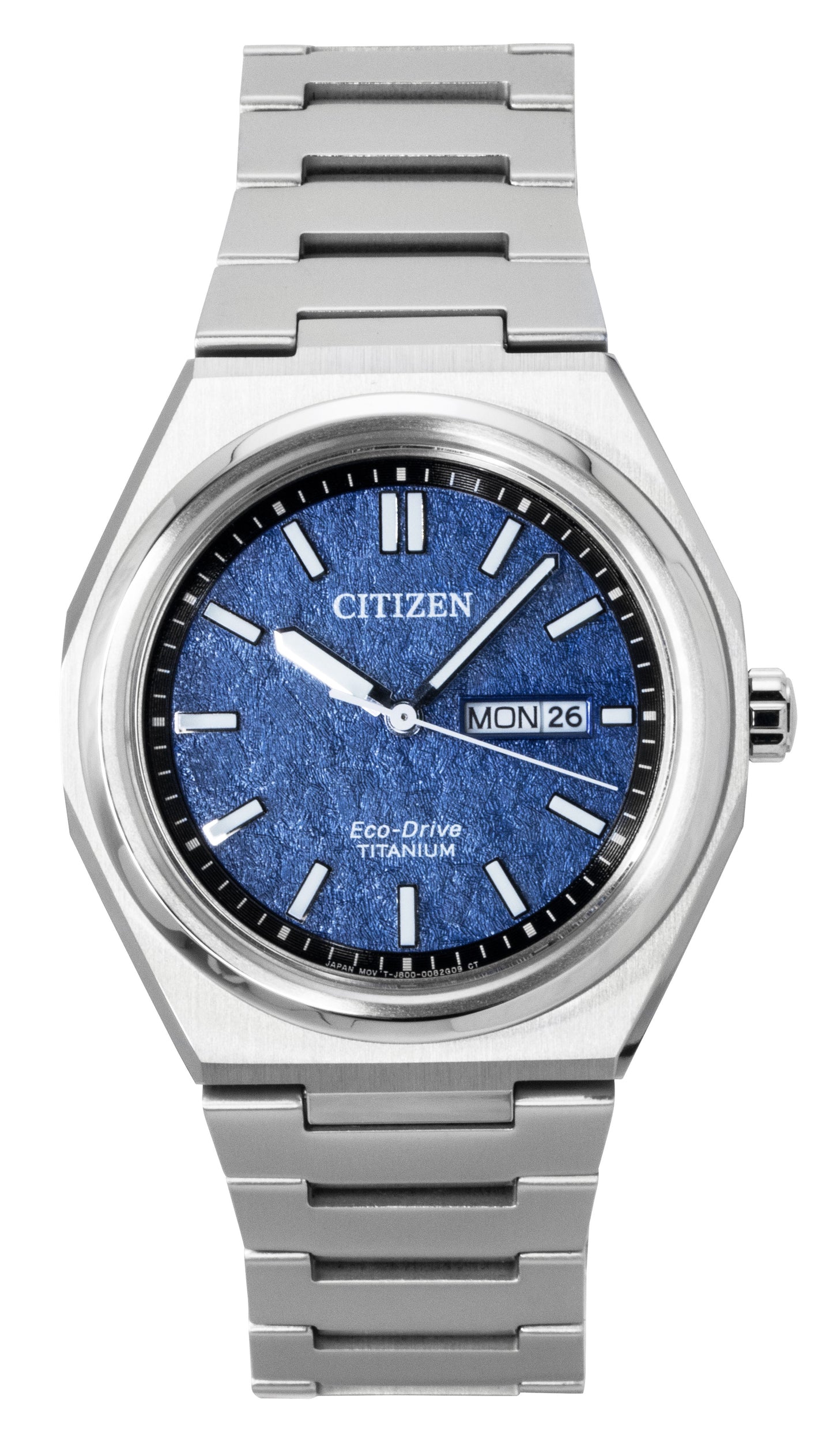 Citizen Zenshin Super Titanium Blue Dial Eco-Drive 100M. A brand-new Citizen Eco-Drive watch featuring a Blue dial and a Titanium strap. Side view.