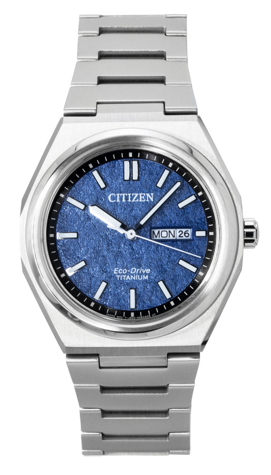 Citizen Zenshin Super Titanium Blue Dial Eco-Drive 100M. A brand-new Citizen Eco-Drive watch featuring a Blue dial and a Titanium strap. Side view.