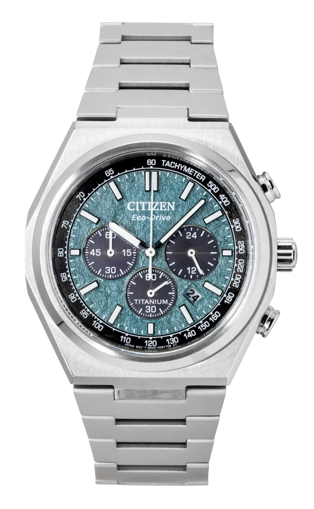 Citizen Zenshin Super Titanium Chronograph Green Dial. A brand-new Citizen Eco-Drive watch featuring a Green dial and a Titanium strap. Front view.