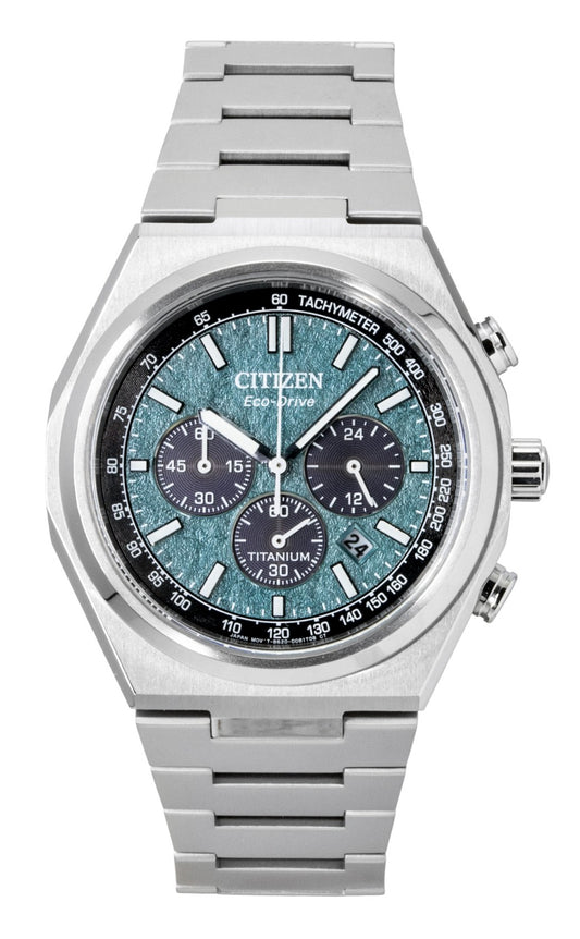 Citizen Zenshin Super Titanium Chronograph Green Dial. A brand-new Citizen Eco-Drive watch featuring a Green dial and a Titanium strap. Front view.
