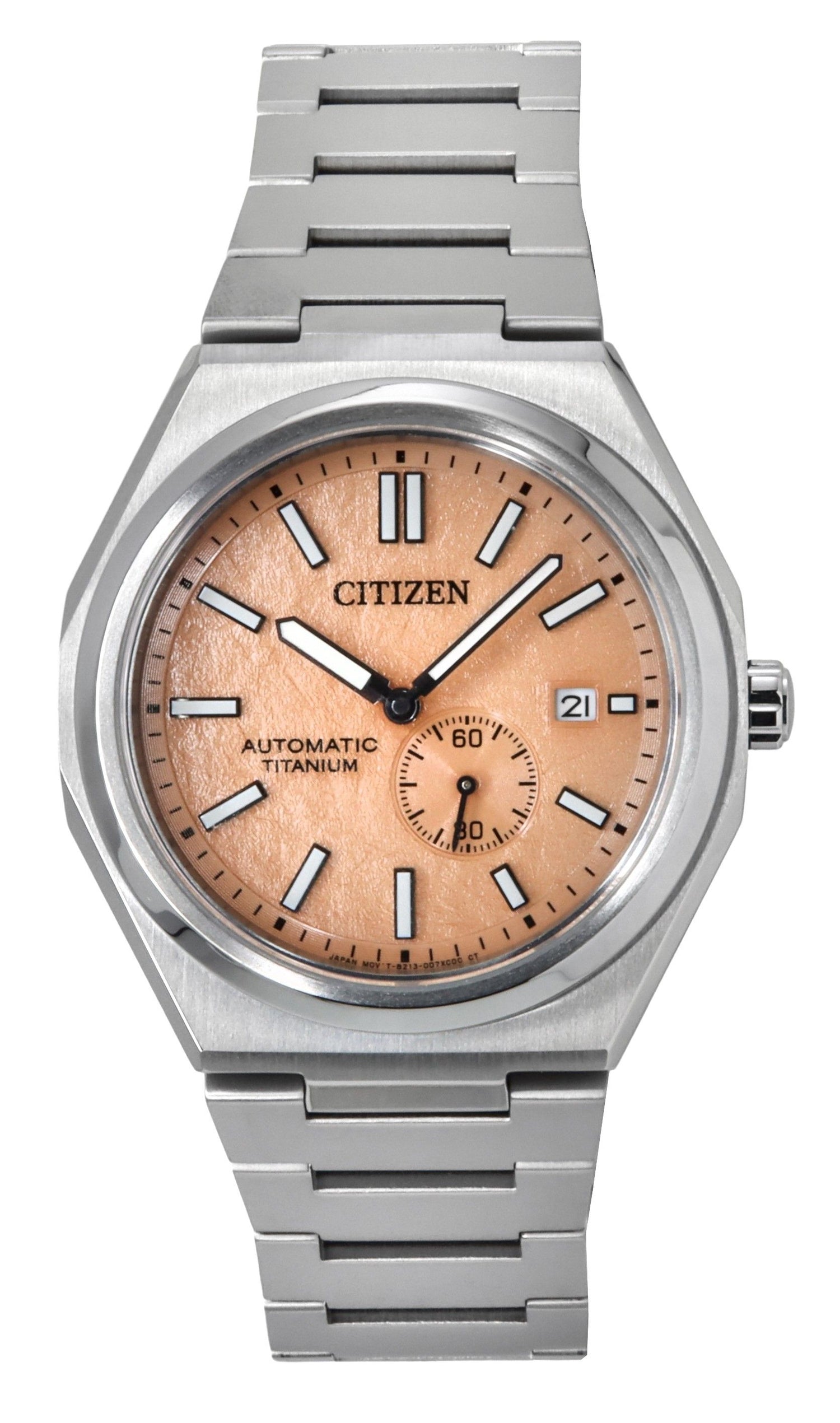 Citizen Zenshin Super Titanium Orange Dial Automatic 100M. A brand-new Citizen Zenshin watch featuring a Orange dial and a Titanium strap. Angled view.