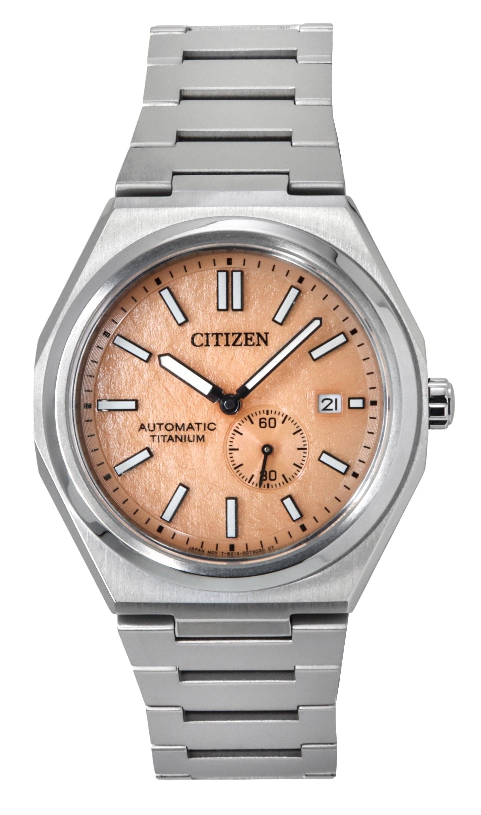 Citizen Zenshin Super Titanium Orange Dial Automatic 100M. A brand-new Citizen Zenshin watch featuring a Orange dial and a Titanium strap. Angled view.
