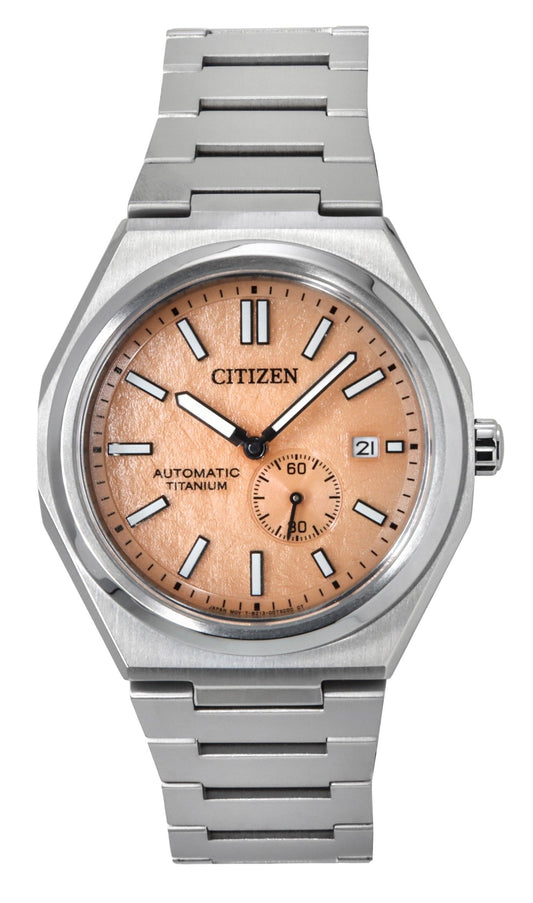 Citizen Zenshin Super Titanium Orange Dial Automatic 100M. A brand-new Citizen Zenshin watch featuring a Orange dial and a Titanium strap. Angled view.