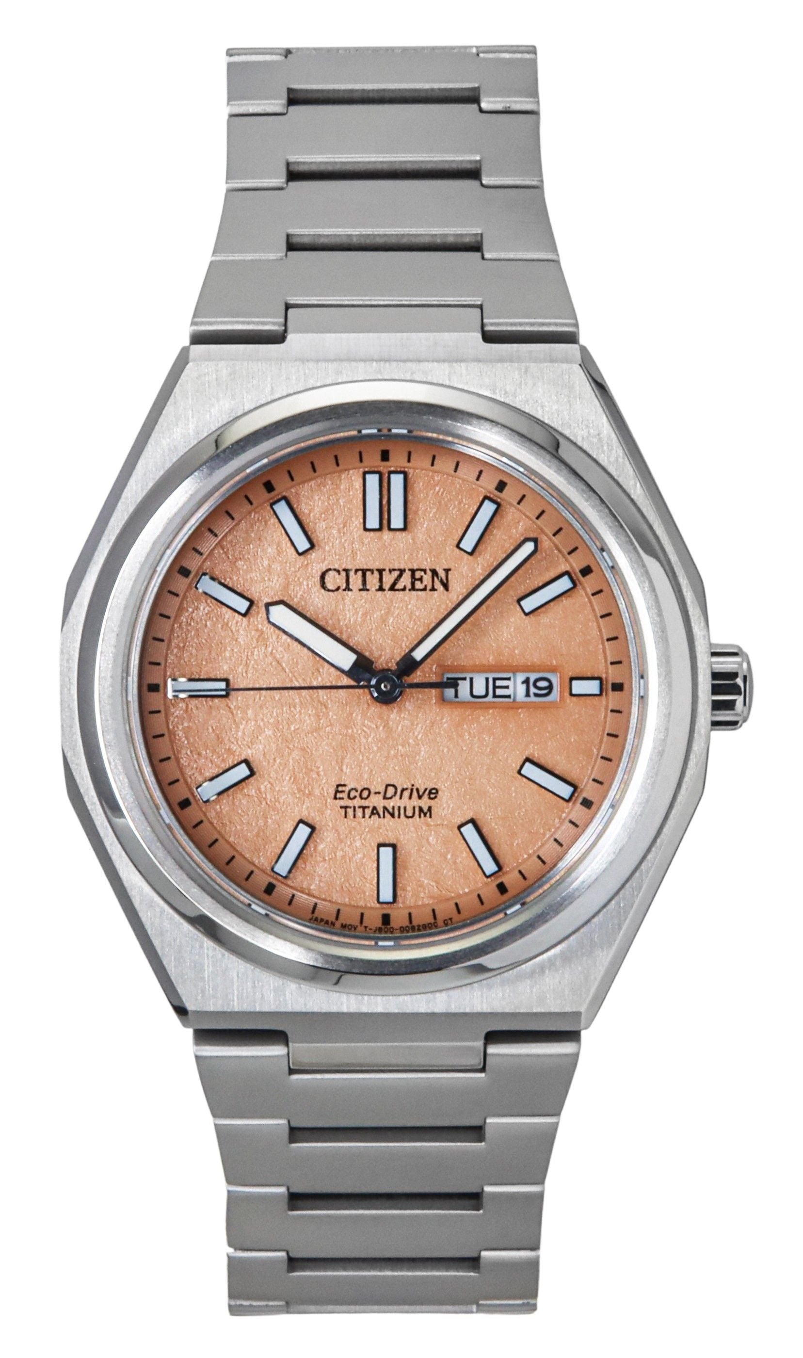 Citizen Zenshin Super Titanium Salmon Dial Eco-Drive 100M. A brand-new Citizen Eco-Drive watch featuring a Salmon dial and a Titanium strap. Angled view.