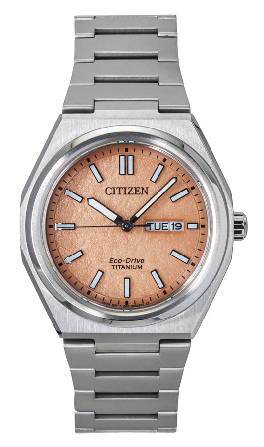 Citizen Zenshin Super Titanium Salmon Dial Eco-Drive 100M. A brand-new Citizen Eco-Drive watch featuring a Salmon dial and a Titanium strap. Angled view.