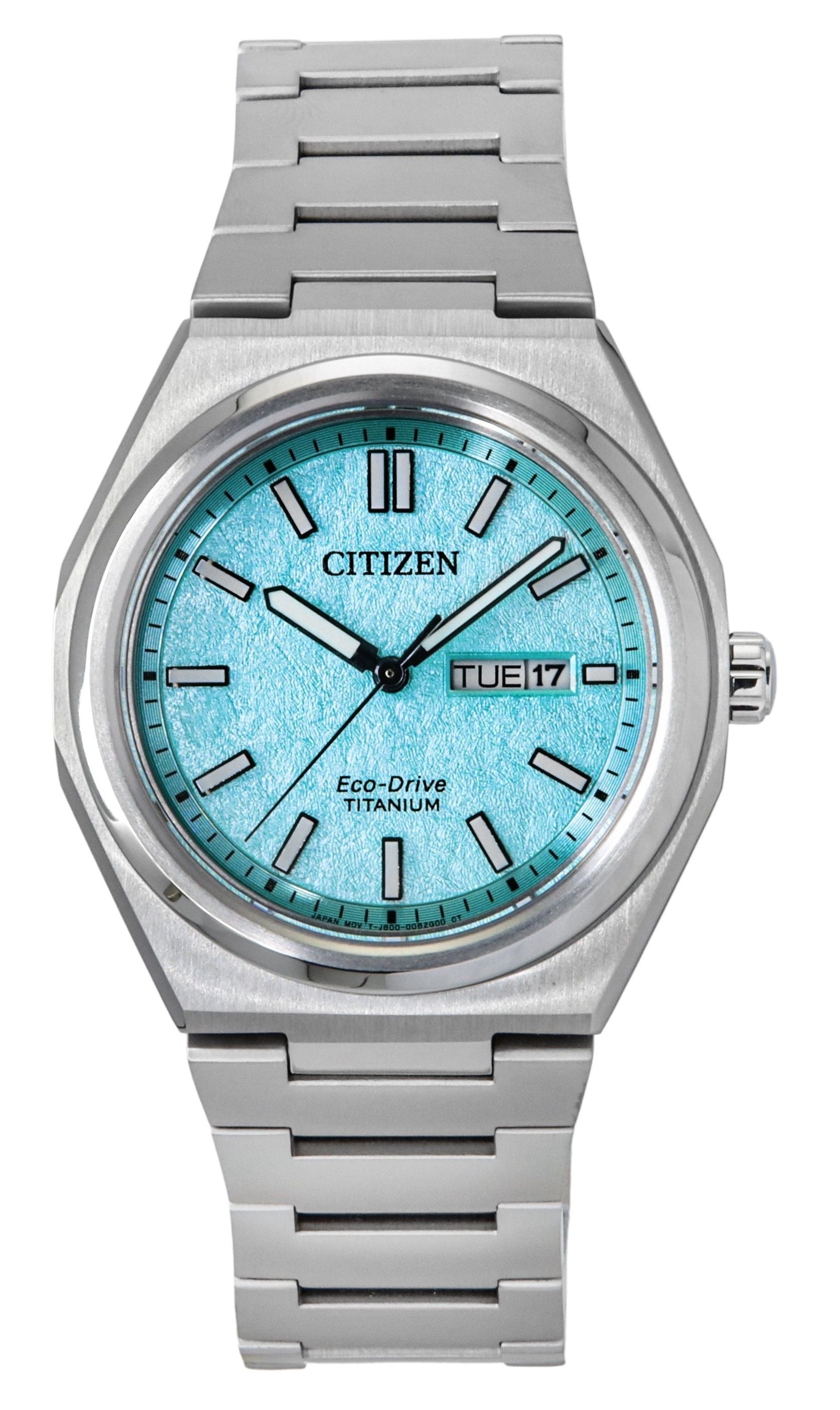 Citizen Zenshin Super Titanium Turquoise Dial Eco-Drive 100M. A brand-new Citizen Eco-Drive watch featuring a Turquoise dial and a Titanium strap. Front view.
