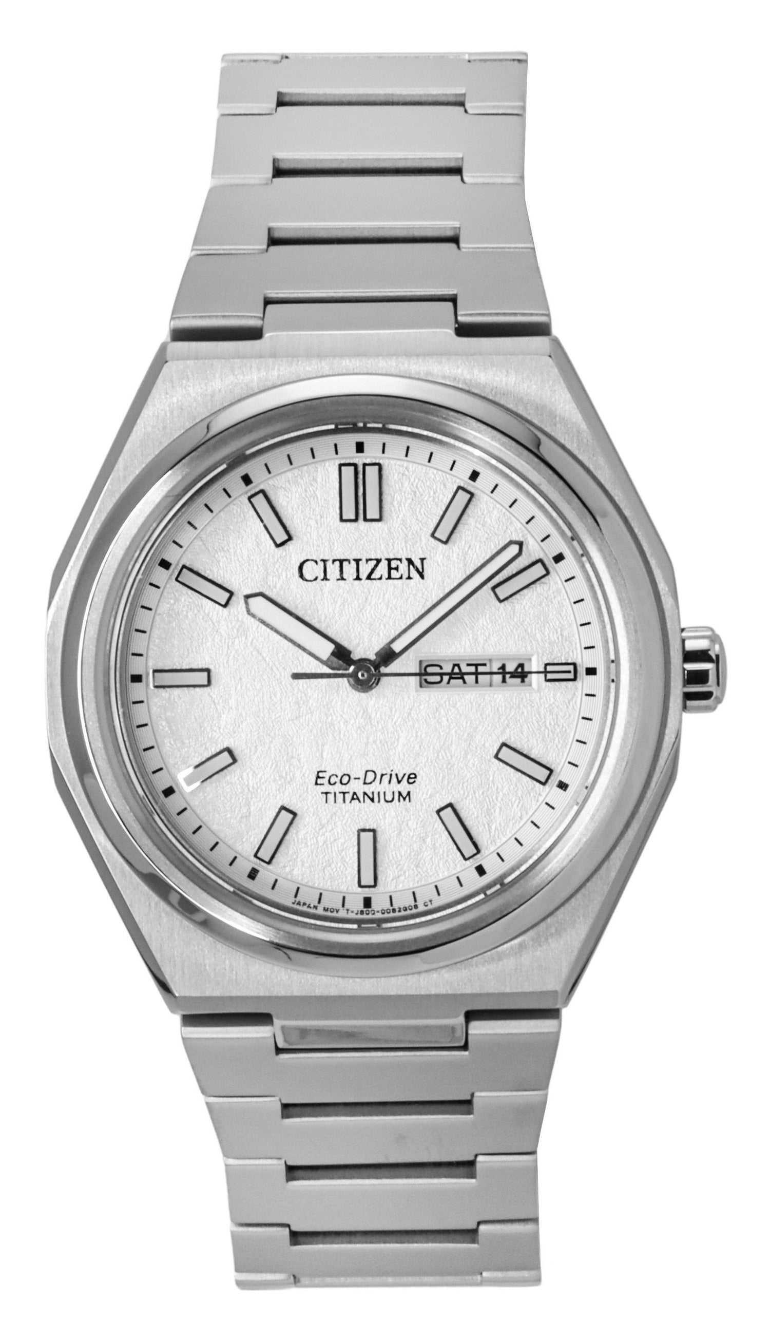 Citizen Zenshin Super Titanium White Dial Eco-Drive 100M. A brand-new Citizen Eco-Drive watch featuring a White dial and a Titanium strap. Side view.