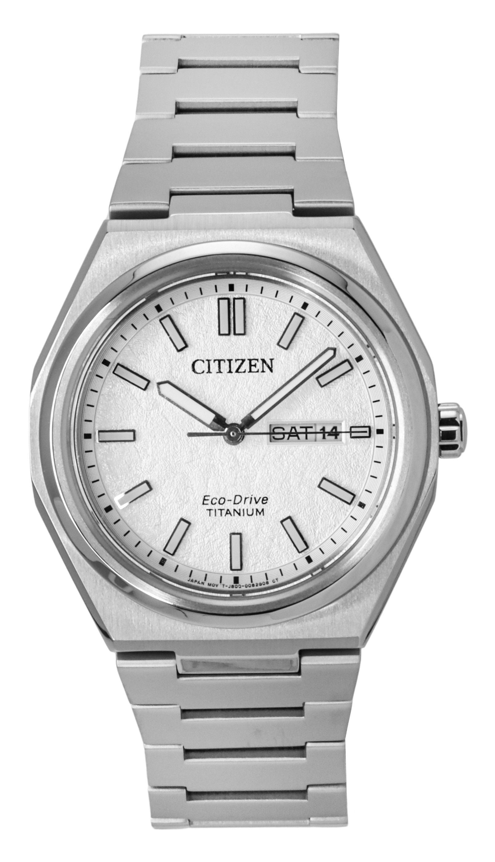 Citizen Zenshin Super Titanium White Dial Eco-Drive 100M. A brand-new Citizen Eco-Drive watch featuring a White dial and a Titanium strap. Side view.