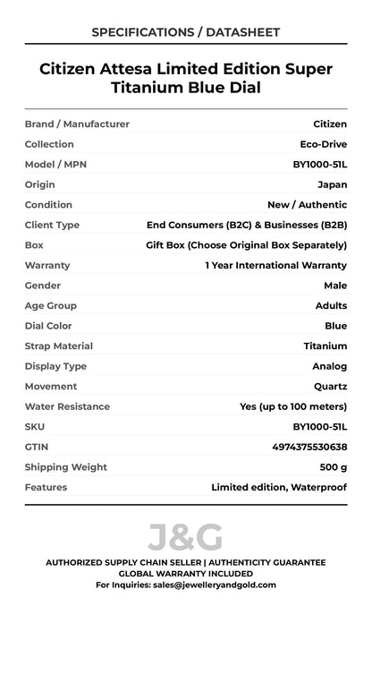 Citizen Attesa Limited Edition Super Titanium Blue Dial. A brand-new Citizen Eco-Drive watch featuring a Blue dial and a Titanium strap. Side view. - DS_FINAL