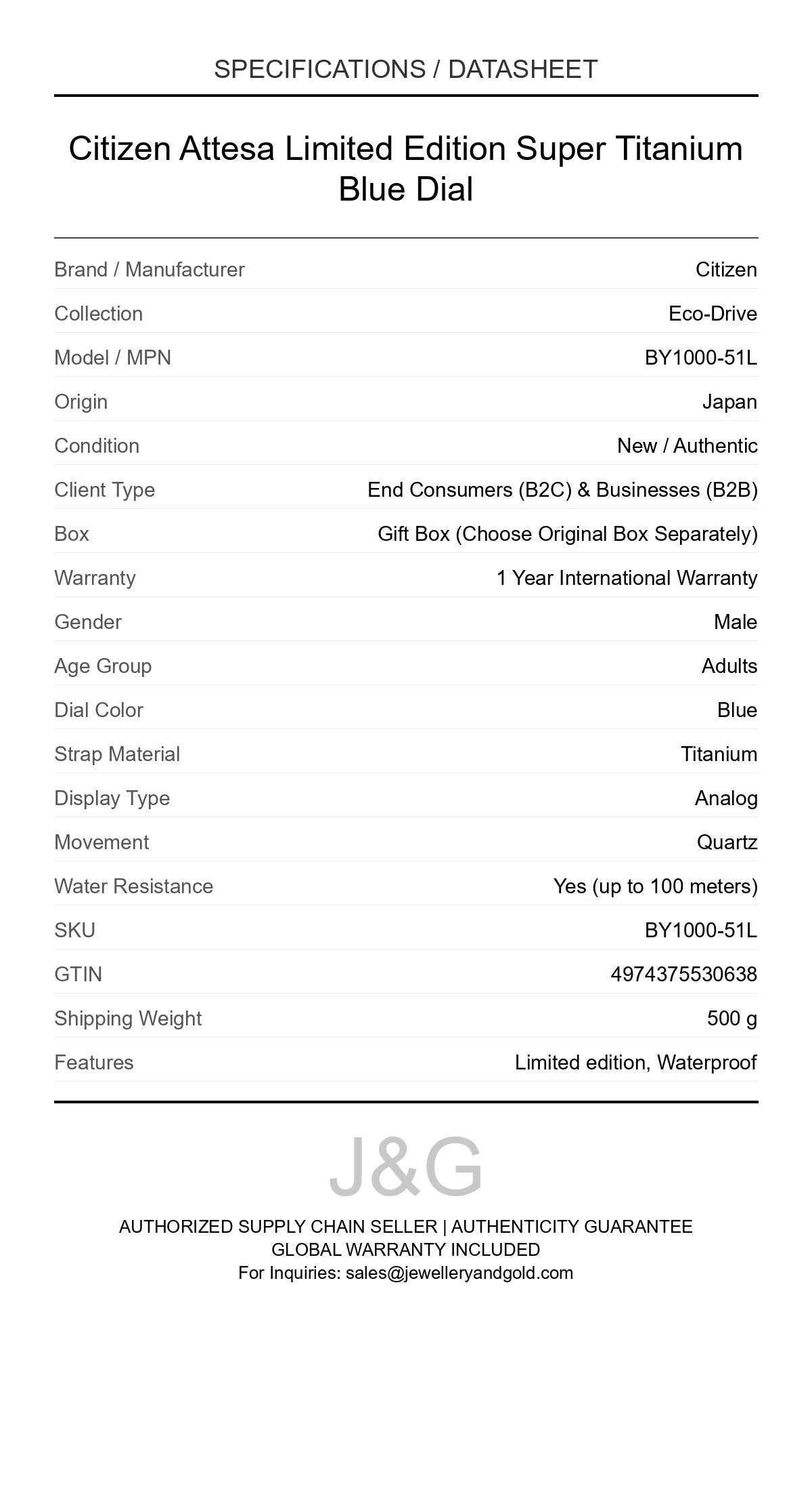 Citizen Attesa Limited Edition Super Titanium Blue Dial. A brand-new Citizen Eco-Drive watch featuring a Blue dial and a Titanium strap. Side view. - DS_FINAL