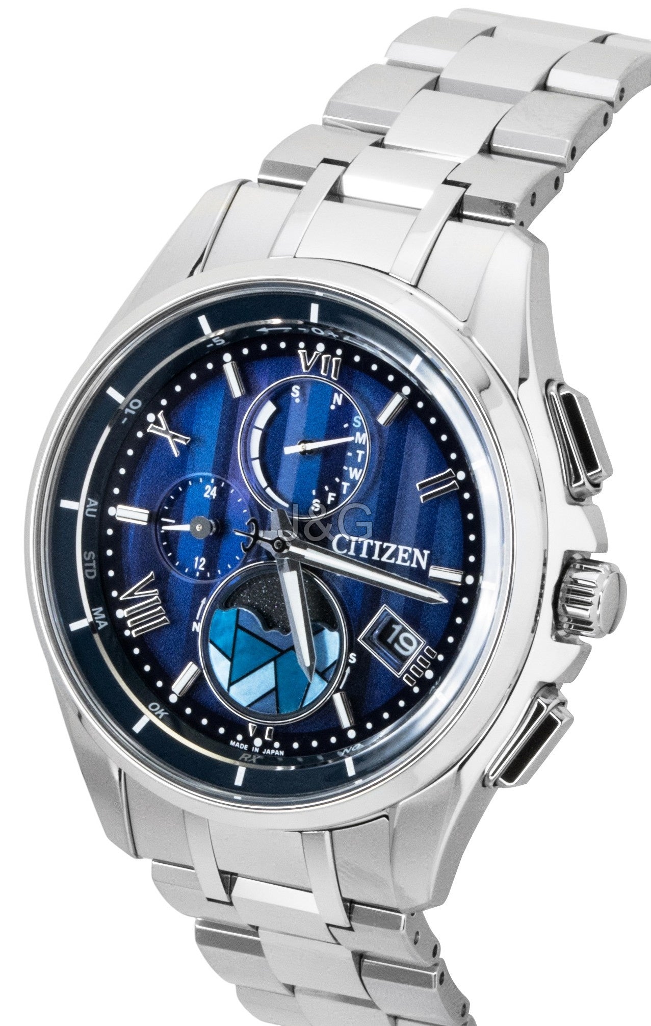 Citizen Attesa Limited Edition Super Titanium Blue Dial. A brand-new Citizen Eco-Drive watch featuring a Blue dial and a Titanium strap. Side view. - SEQ_3