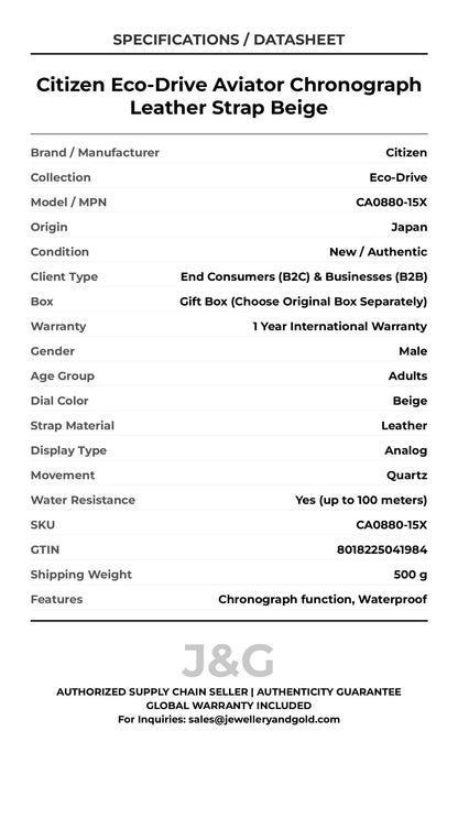 Citizen Eco-Drive Aviator Chronograph Leather Strap Beige. A brand-new Citizen Eco-Drive watch featuring a Beige dial and a Leather strap. Angled view. - DS_FINAL