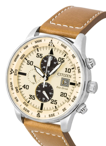 Citizen Eco-Drive Aviator Chronograph Leather Strap Beige. A brand-new Citizen Eco-Drive watch featuring a Beige dial and a Leather strap. Front view. - SEQ_3