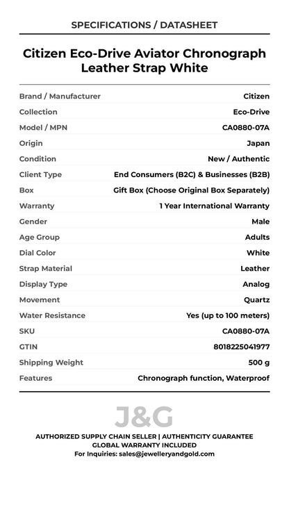 Citizen Eco-Drive Aviator Chronograph Leather Strap White. A brand-new Citizen Eco-Drive watch featuring a White dial and a Leather strap. Front view. - DS_FINAL
