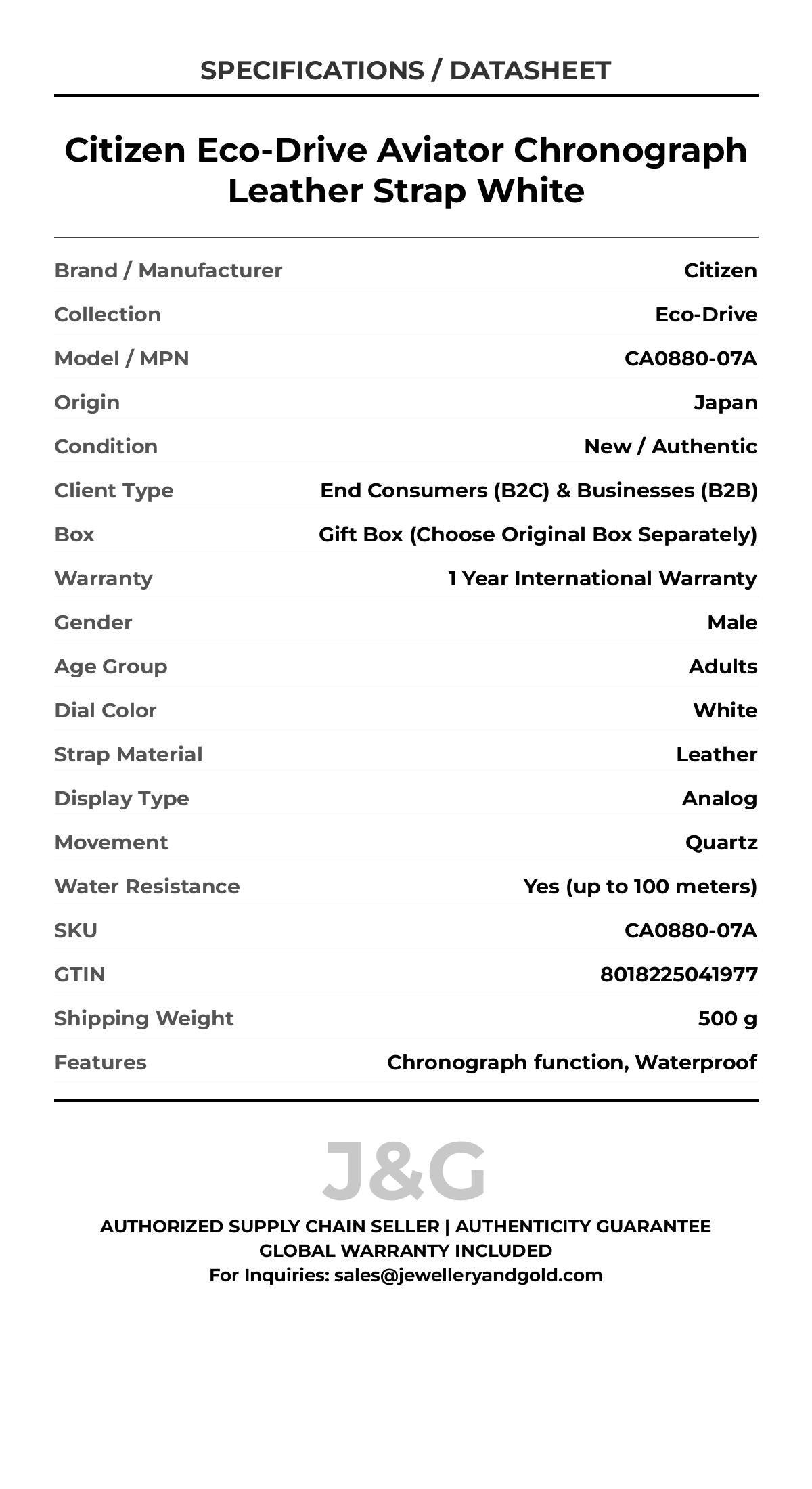 Citizen Eco-Drive Aviator Chronograph Leather Strap White. A brand-new Citizen Eco-Drive watch featuring a White dial and a Leather strap. Angled view. - DS_FINAL