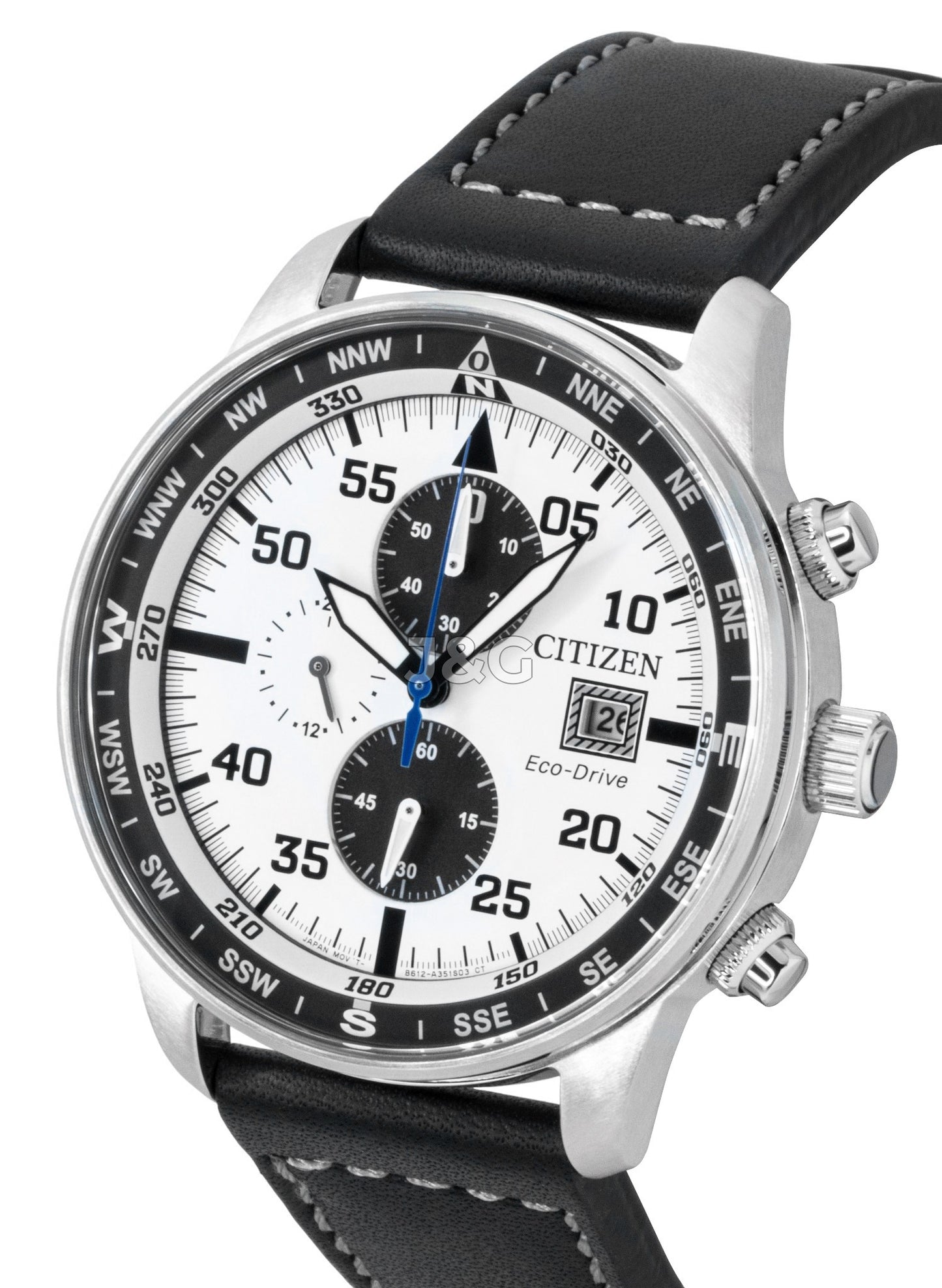 Citizen Eco-Drive Aviator Chronograph Leather Strap White. A brand-new Citizen Eco-Drive watch featuring a White dial and a Leather strap. Front view. - SEQ_3