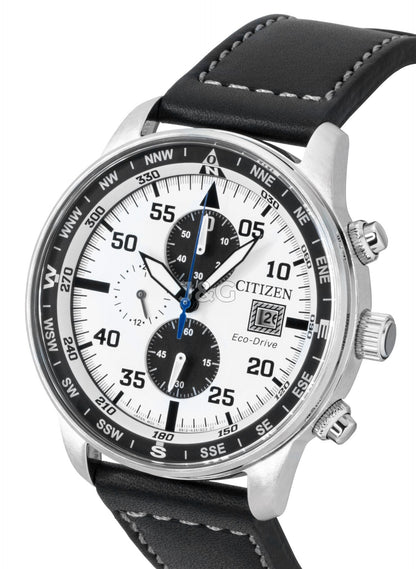 Citizen Eco-Drive Aviator Chronograph Leather Strap White. A brand-new Citizen Eco-Drive watch featuring a White dial and a Leather strap. Angled view. - SEQ_3
