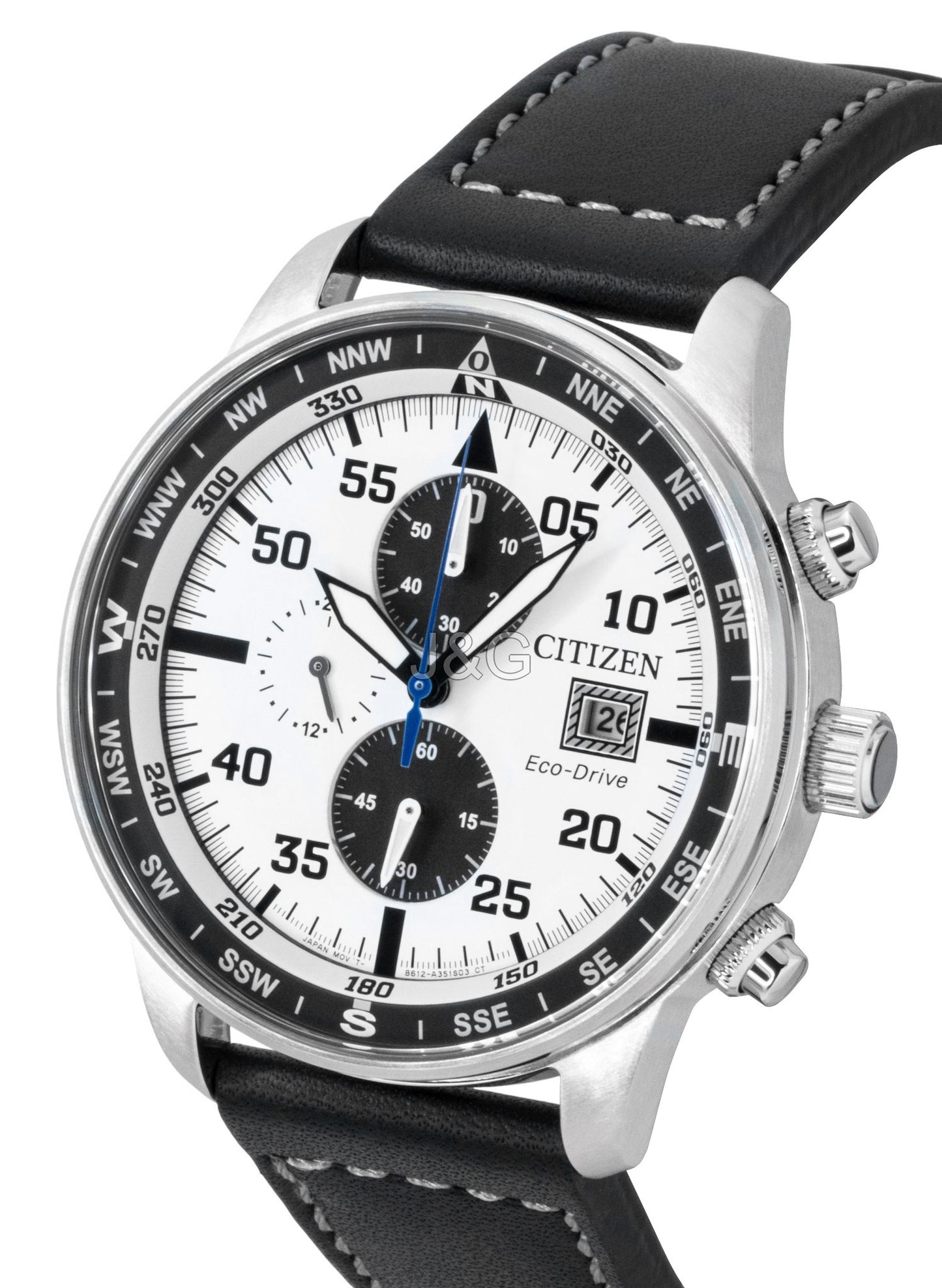Citizen Eco-Drive Aviator Chronograph Leather Strap White. A brand-new Citizen Eco-Drive watch featuring a White dial and a Leather strap. Front view. - SEQ_3
