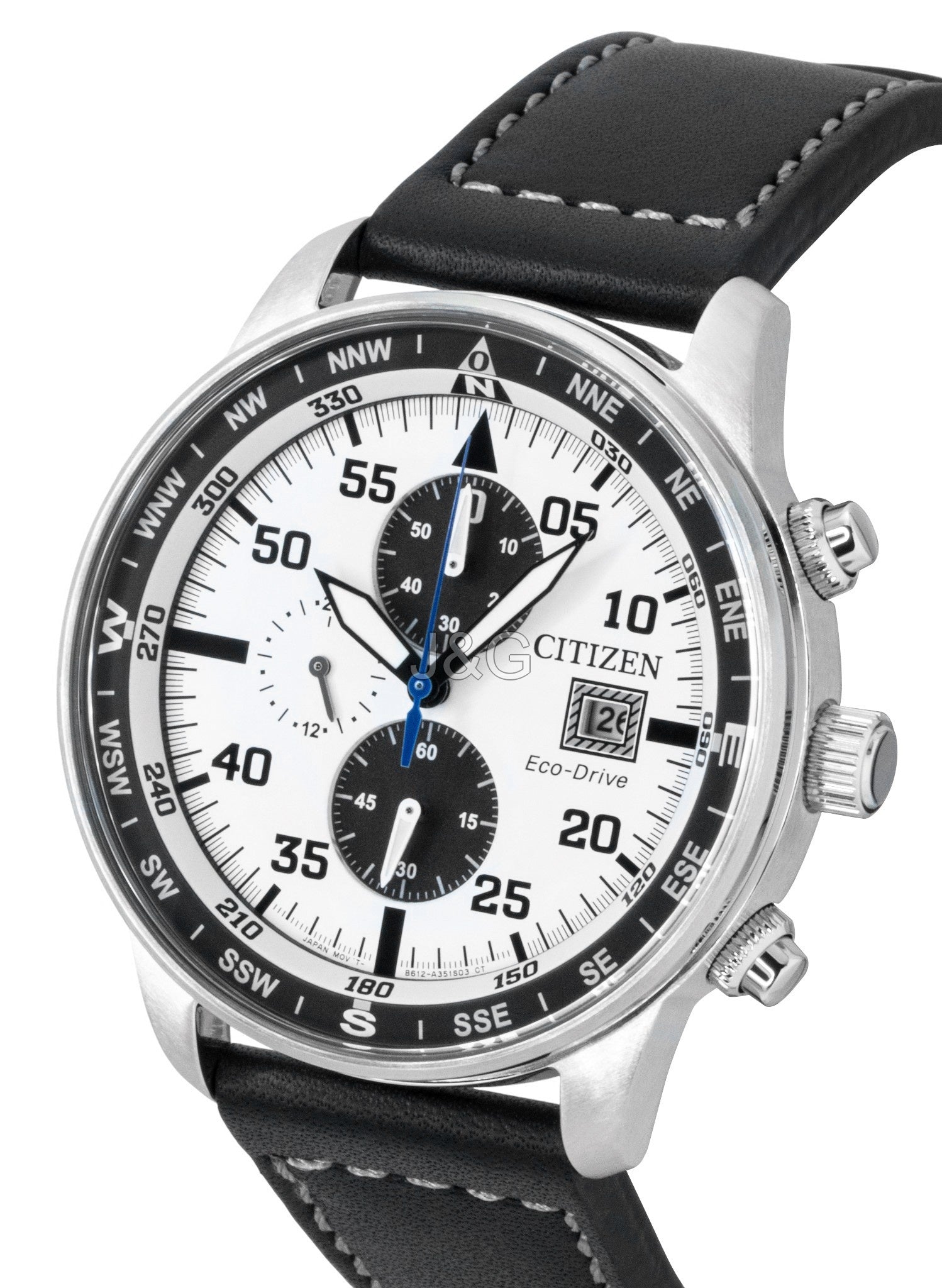 Citizen Eco-Drive Aviator Chronograph Leather Strap White. A brand-new Citizen Eco-Drive watch featuring a White dial and a Leather strap. Front view. - SEQ_3
