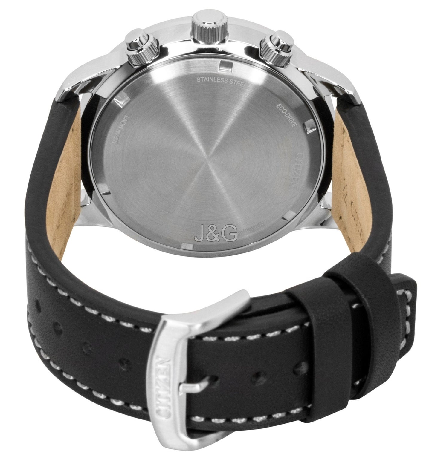 Citizen Eco-Drive Aviator Chronograph Leather Strap White. A brand-new Citizen Eco-Drive watch featuring a White dial and a Leather strap. Side view. - SEQ_4