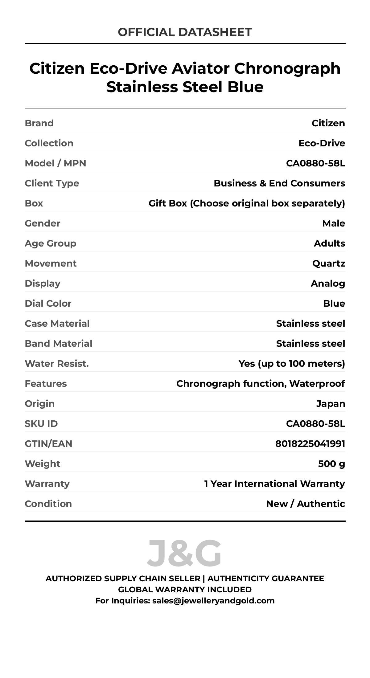 Citizen Eco-Drive Aviator Chronograph Stainless Steel Blue. A brand-new Citizen Eco-Drive watch featuring a Blue dial and a Stainless steel strap. Front view. - DS_FINAL