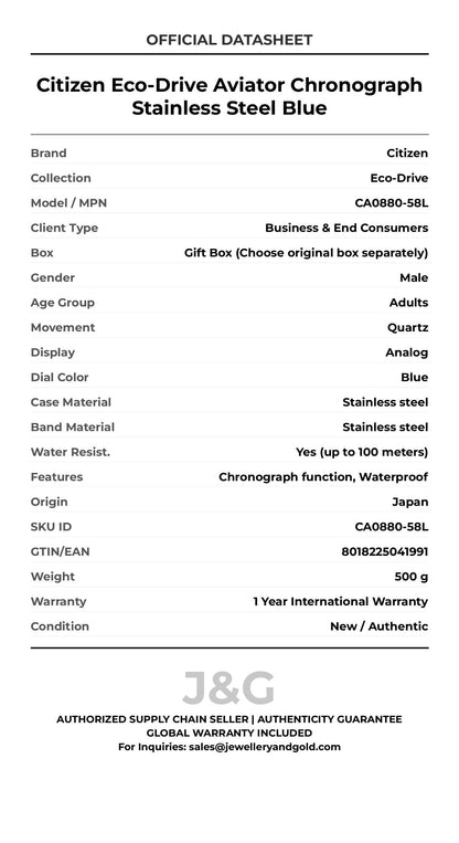 Citizen Eco-Drive Aviator Chronograph Stainless Steel Blue. A brand-new Citizen Eco-Drive watch featuring a Blue dial and a Stainless steel strap. Front view. - DS_FINAL