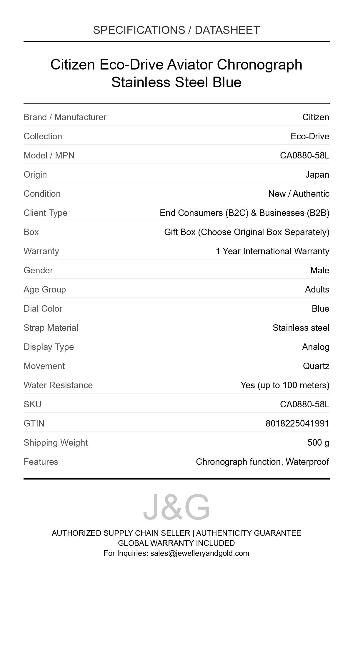 Citizen Eco-Drive Aviator Chronograph Stainless Steel Blue. A brand-new Citizen Eco-Drive watch featuring a Blue dial and a Stainless steel strap. Angled view. - DS_FINAL