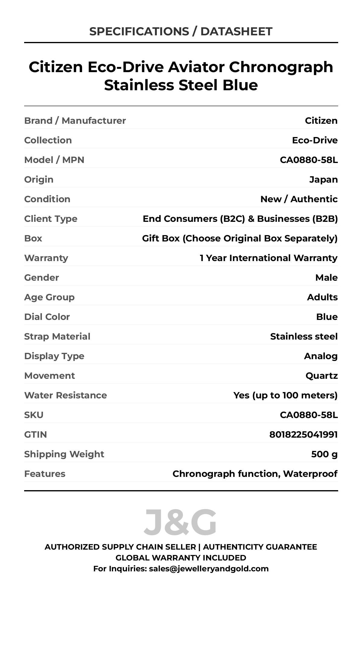 Citizen Eco-Drive Aviator Chronograph Stainless Steel Blue. A brand-new Citizen Eco-Drive watch featuring a Blue dial and a Stainless steel strap. Angled view. - DS_FINAL