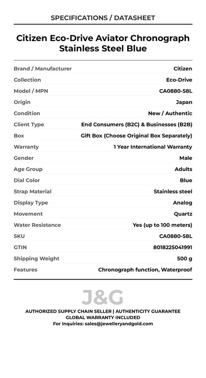 Citizen Eco-Drive Aviator Chronograph Stainless Steel Blue. A brand-new Citizen Eco-Drive watch featuring a Blue dial and a Stainless steel strap. Angled view. - DS_FINAL