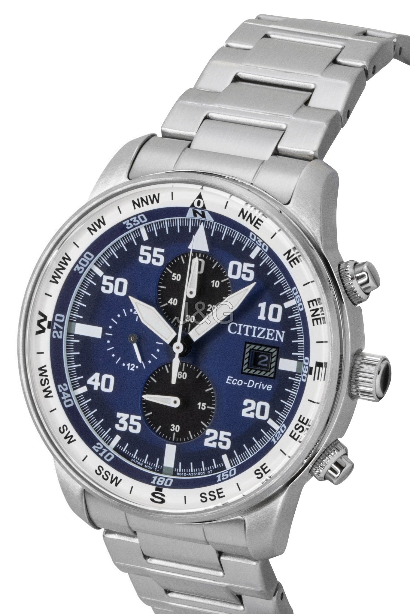 Citizen Eco-Drive Aviator Chronograph Stainless Steel Blue. A brand-new Citizen Eco-Drive watch featuring a Blue dial and a Stainless steel strap. Angled view. - SEQ_3
