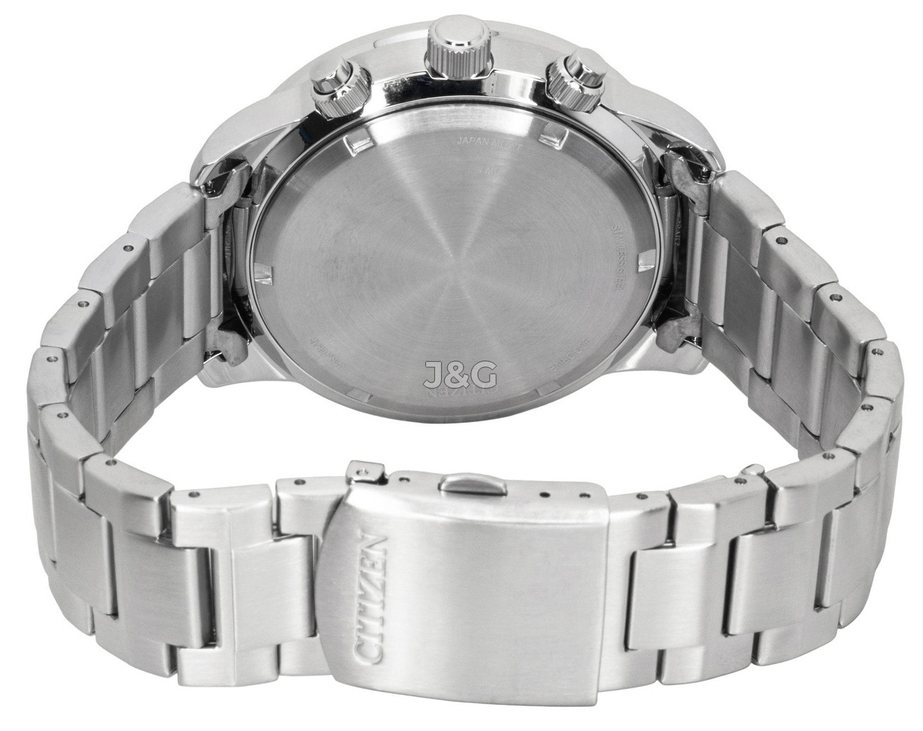 Citizen Eco-Drive Aviator Chronograph Stainless Steel Blue. A brand-new Citizen Eco-Drive watch featuring a Blue dial and a Stainless steel strap. Side view. - SEQ_4