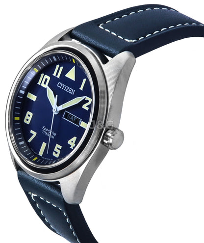 Citizen Eco-Drive Blue Leather Male BM8560-45L. A brand-new Citizen Eco-Drive watch featuring a Blue dial and a Leather strap. Front view. - view 3