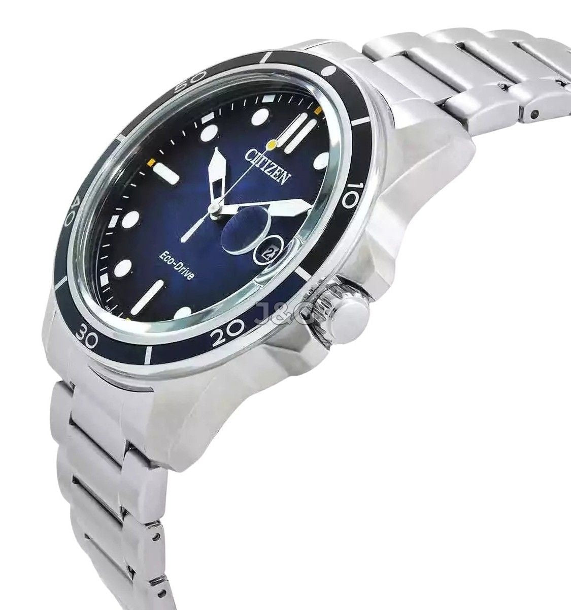 Citizen Eco-Drive Blue Stainless steel Male AW1810-85L. A brand-new Citizen Eco-Drive watch featuring a Blue dial and a Stainless steel strap. Front view. - view 2