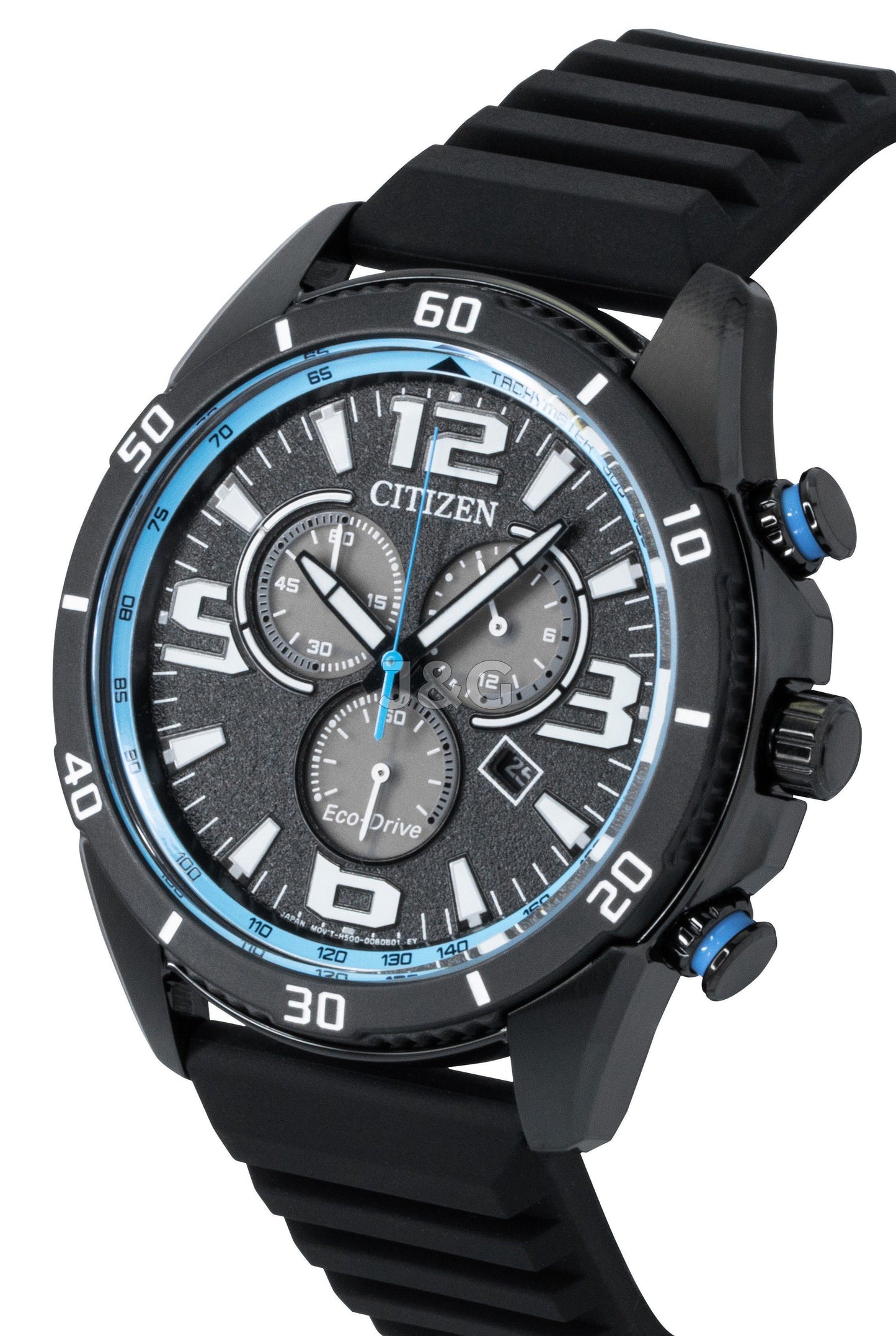 Citizen Eco-Drive Chronograph function Black Silicone Male AT2587-02E. A brand-new Citizen Eco-Drive watch featuring a Black dial and a Silicone strap. Front view. - view 3