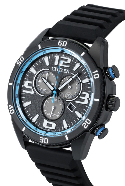 Citizen Eco-Drive Chronograph function Black Silicone Male AT2587-02E. A brand-new Citizen Eco-Drive watch featuring a Black dial and a Silicone strap. Front view. - view 3