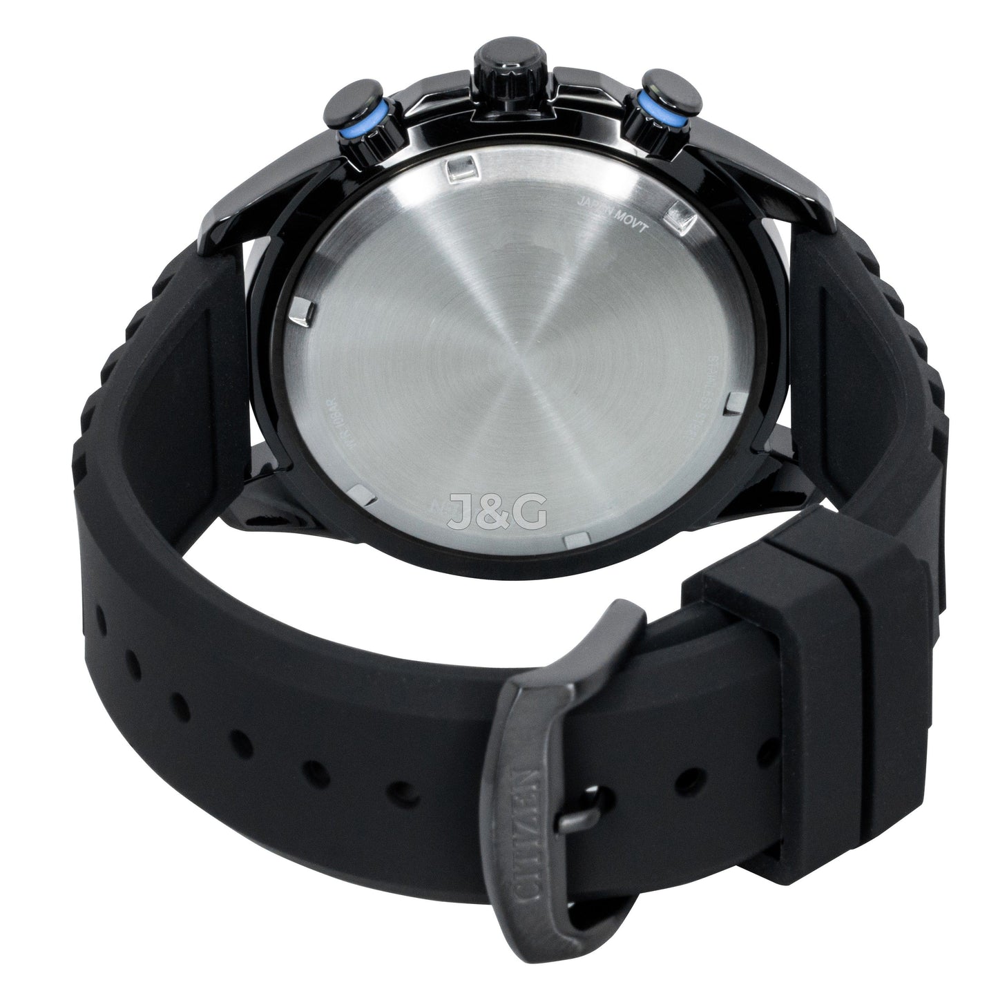 Citizen Eco-Drive Chronograph function Black Silicone Male AT2587-02E. A brand-new Citizen Eco-Drive watch featuring a Black dial and a Silicone strap. Front view. - view 4