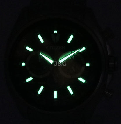 Citizen Eco-Drive Chronograph function Black Stainless steel Male CA4560-81E. A brand-new Citizen Eco-Drive watch featuring a Black dial and a Stainless steel strap. Angled view. - view 2