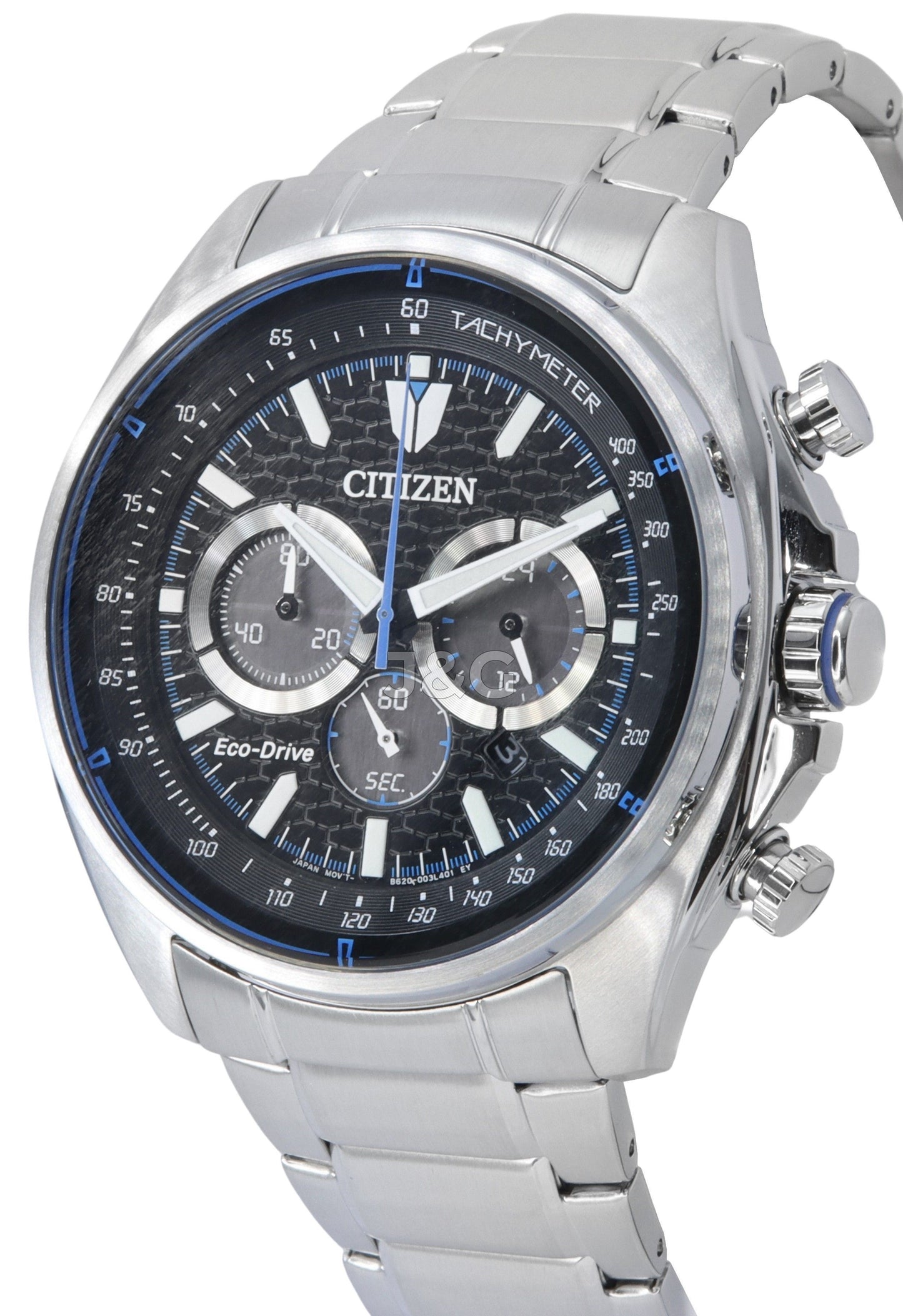 Citizen Eco-Drive Chronograph function Black Stainless steel Male CA4560-81E. A brand-new Citizen Eco-Drive watch featuring a Black dial and a Stainless steel strap. Angled view. - view 3