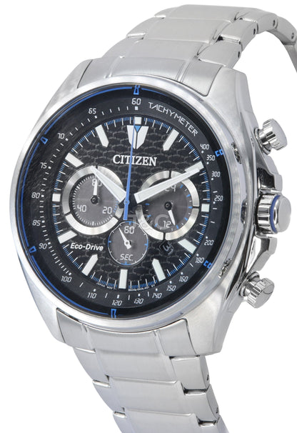 Citizen Eco-Drive Chronograph function Black Stainless steel Male CA4560-81E. A brand-new Citizen Eco-Drive watch featuring a Black dial and a Stainless steel strap. Angled view. - view 3