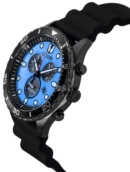 Citizen Eco-Drive Chronograph function Blue Polyurethane (PU) Male AT2567-18L. A brand-new Citizen Eco-Drive watch featuring a Blue dial and a Polyurethane (PU) strap. Front view. - view 3