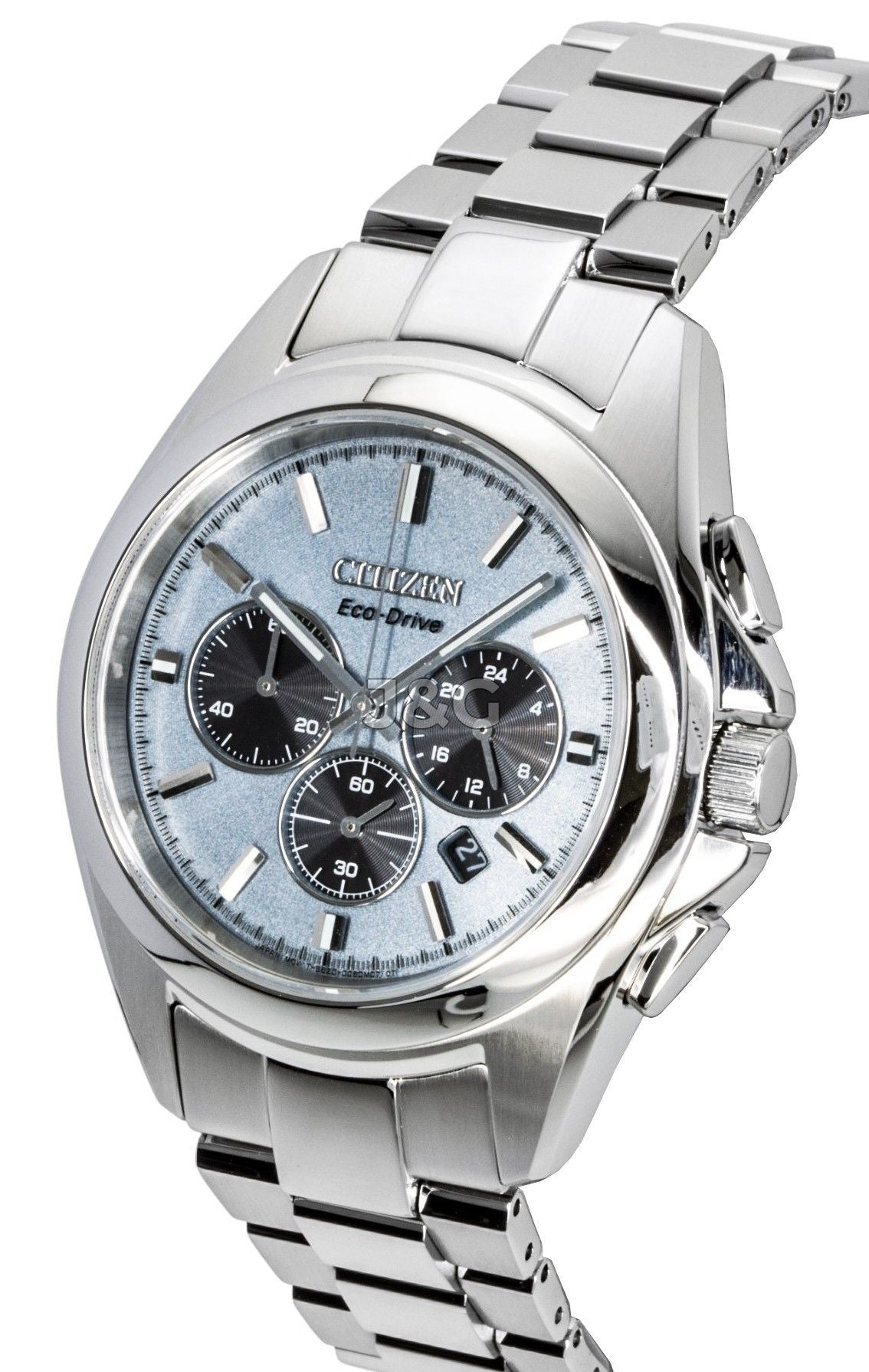 Citizen Eco-Drive Chronograph function Blue Stainless steel Male CA4680-55L. A brand-new Citizen Eco-Drive watch featuring a Blue dial and a Stainless steel strap. Angled view. - view 3
