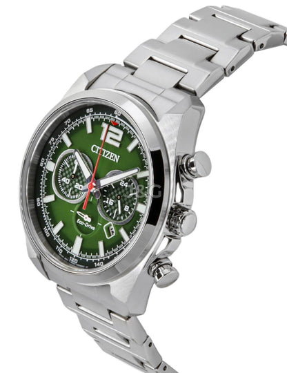 Citizen Eco-Drive Chronograph function Green Stainless steel Male CA4640-50X. A brand-new Citizen Eco-Drive watch featuring a Green dial and a Stainless steel strap. Angled view. - view 3